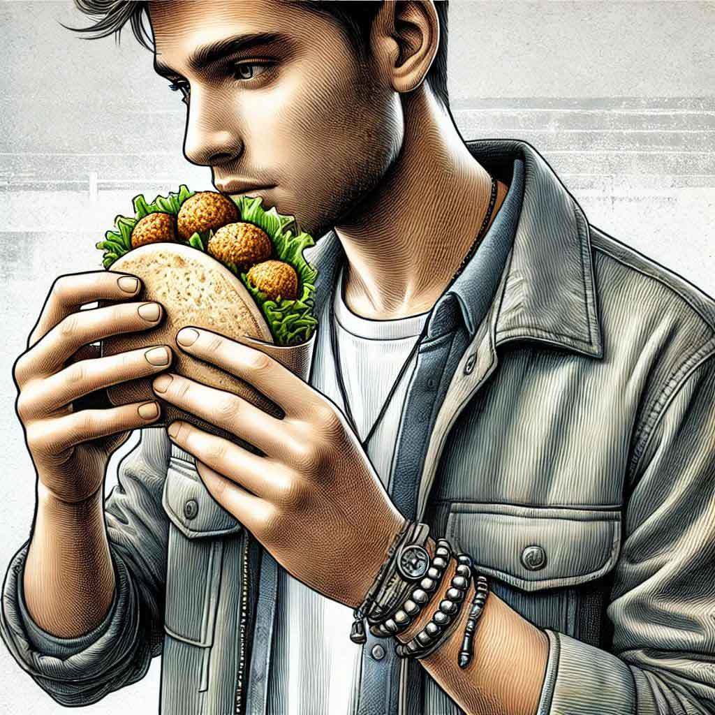 איור בינה מלכותית של בחור אוכל פיתה עם פלאפל