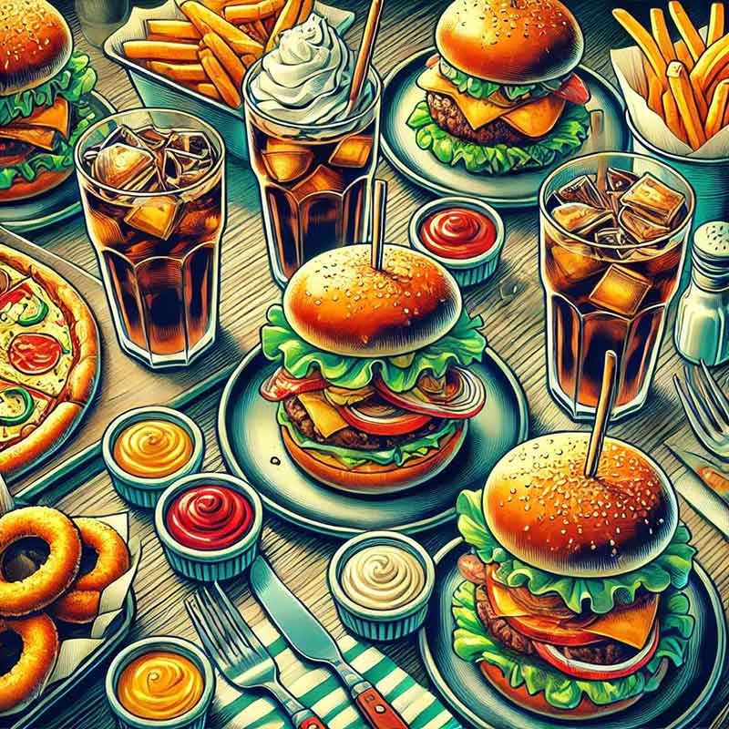 תמונת AI: ארוחת המובורגרים עם קולה צ'יפס וטבעות בצל
