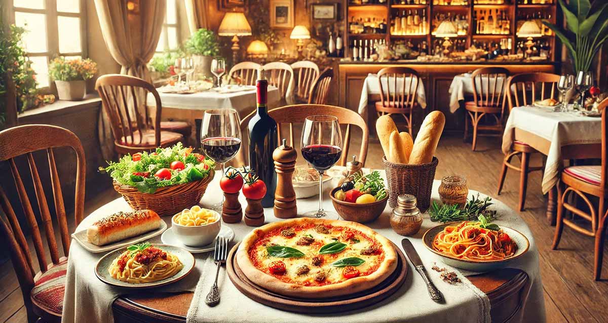 ארוחה במסעדה איטלקית. על שולחן עגול עם מפה מונחות שלוש מנות. בחזית במגש עגול מעץ מונחת פיצה ולידה כלי אוכל. מימין ומשמאל לפיצה שתי צלחות עם מקרוני. עוד על השולחן לחמניות בסלסילה. ירקות בקערה. עלים ירוקים ועגבניות בסלסילה. בקבוק יין אדום ושתי כוסיות יין. מלחייה ופלפלייה מעץ. ברקע עוד שולחנות ערוכים של המסעדה, עם כלים וכוסיות יין. ואחריהן ליד הקיר ארון מדפים עם בקבוקי יין.