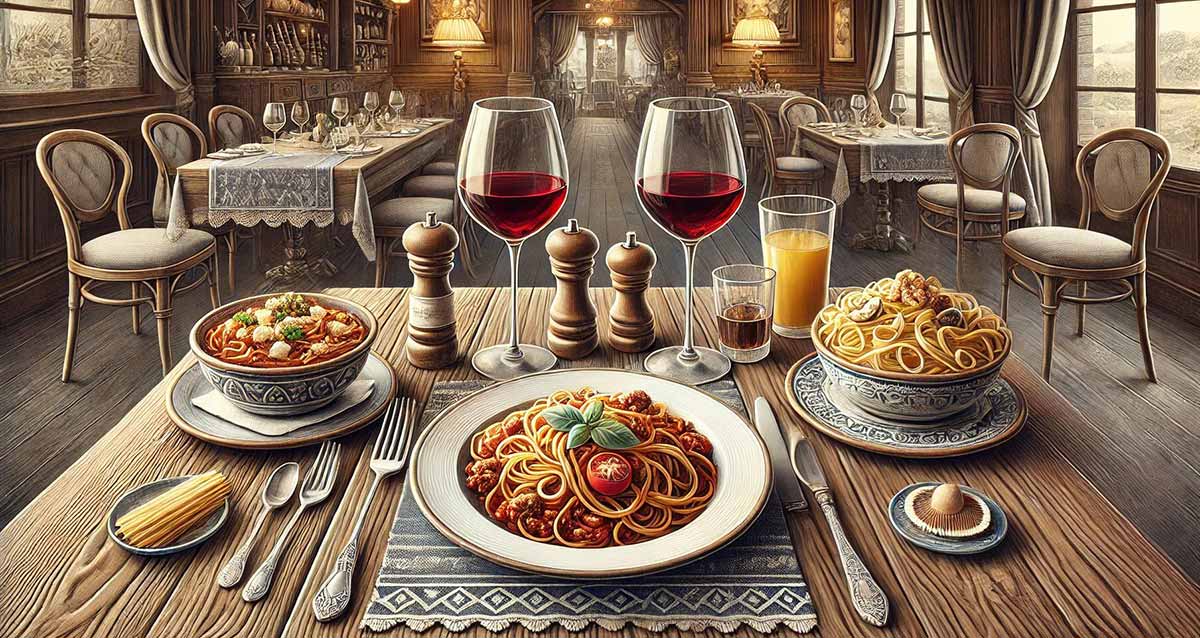 ארוחה במסעדה איטלקית. על שולחן שלוש מנות. בחזית בצלחת שטוחה מנה של מקרוני על מפה רקומה וכלי אוכל מימין ומשמאל לצלחת. מימין בקערה עמוקה מנה של מקרוני. משמאל בקערה עמוקה מרק עם אטריות. בקצה השולחן שתי כוסיות יין אדום, וכוס מיץ. לידם מלחייה ופלפלייה מעץ. ברקע עוד שולחנות ערוכים של המסעדה עם צלחות, כלים וכוסות יין.