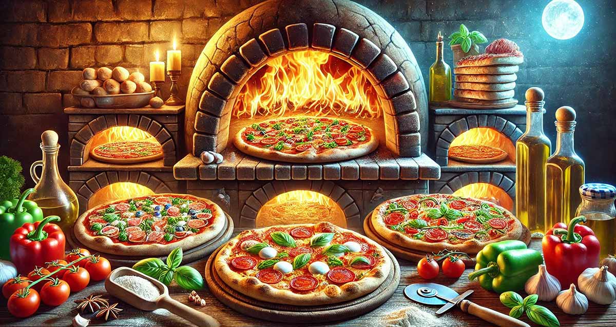 ארוחה במסעדה איטלקית. על השולחן מגשים עגולים מעץ ועליהן שלוש פיצות. מסביב על השולחן ירקות, עגבניות, פלפלים, שום ובקבוקי שמן זית. ברקע הטאבון הבוער של המסעדה ובתוכו פיצות.