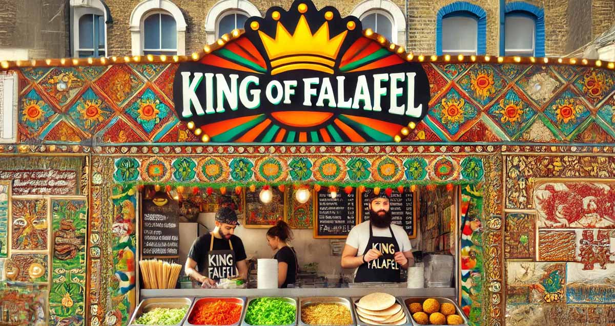 איור AI של דוכן מלך הפלאפל. כתובת באנגלית KING OF FALAFEL. שלושה מוכרים בדוכן פלאפל
