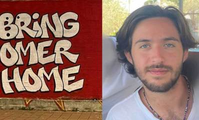צילום פנים של עומר שם טוב בצד השני של הקולאז' כיתוב על קיר: Bring Omer Home
