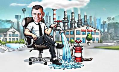 איור AI של רפי סער, ישב ליד שיבר פתוח ממנו זורמים מים. לידו בלון של כיבוי אש ומאחוריו מפעל מיים עם ארובות מעלות עשן