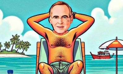 יצחק רוכברגר רואה ים. יצחק יושב על כסא נוח, וידיים מאחורי הראש. לימינו בקבוק מים על החול. משמאלו שמשיה ושולחן על החול. ברקע הים, סירה בים בצד ימין ואי קטן עם עצים בצד שמאל.