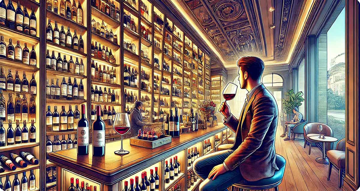 בר יין. בחור יושב ליד שולחן ארוך של הבר עם כוס יין בידו. על השולחן בקבוקי יין וכוסות. מתחת לשולחן מדפים עם בקבוקי יין. בצד ימין שולחן קטן ועגול וכוס יין עליו. לאורך קיר הזגוכית בנוסף לשולחן העגול מונחות כסאות ועל אחת מהן יושב אדם. בצד שמאל לכל אורך הקיר מדפים עם בקבוקי יין.