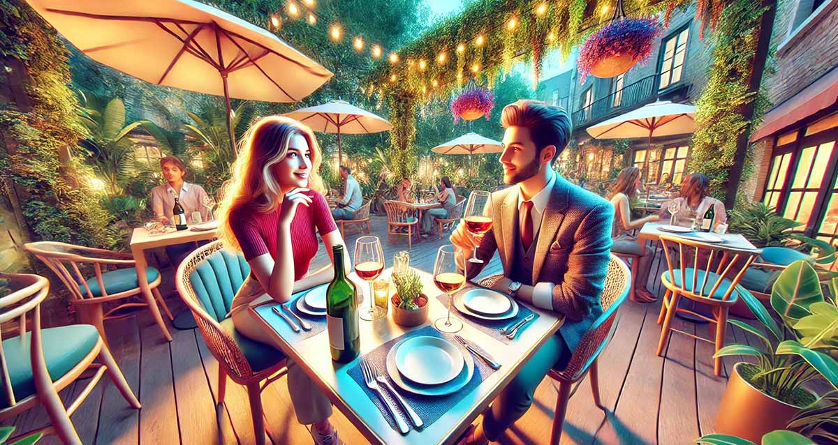 בר יין. רחבה ובה זוג יושב ליד שולחן מרובע והבחור אוחז כוסית יין. השולחן ערוך עם צלחות וכלי אוכל. בקבוק יין ושתי כוסיות יין על השולחן. ברקע שולחנות מרובעים וכסאות נוספים ואנשים יושבים לידם. מעל כל שולחן שמשייה. עציצים מסביב לרחבה.