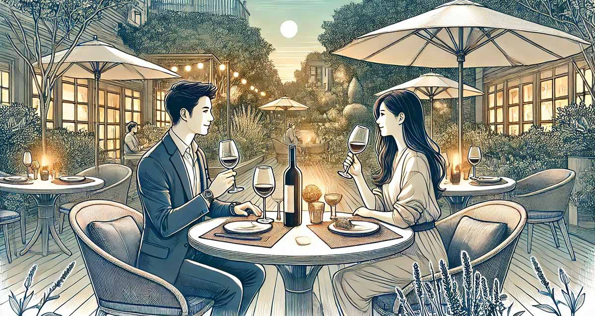 בר יין. רחבה ובה זוג יושב ליד שולחן מרובע והבחור אוחז כוסית יין. השולחן ערוך עם צלחות וכלי אוכל. בקבוק יין ושתי כוסיות יין על השולחן. ברקע שולחנות מרובעים וכסאות נוספים ואנשים יושבים לידם. מעל כל שולחן שמשייה. עציצים מסביב לרחבה.