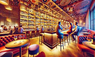 בר יין. תמונה של פנים הבר. אולם גדול עם שולחנות בר ארוכים במרכז האולם וליד מדפי היין לכל אורך קיר הבר. בצד שמאל יושבים מספר אורחים מסביב לשןלחנות מרובעים.