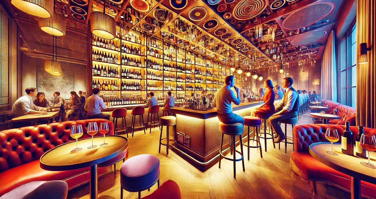 בר יין. תמונה של פנים הבר. אולם גדול עם שולחנות בר ארוכים במרכז האולם וליד מדפי היין לכל אורך קיר הבר. בצד שמאל יושבים מספר אורחים מסביב לשןלחנות מרובעים.