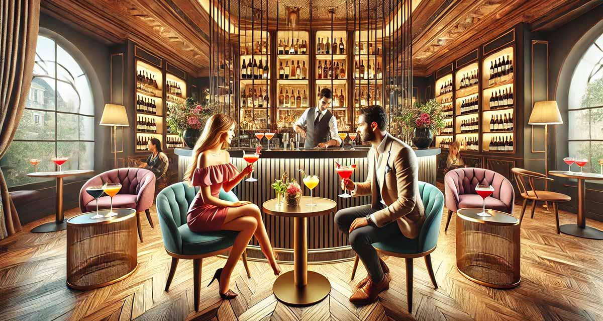 בר יין. שלושת קירות האולם עם מדפים של בקבוקי יין. במרכז האולם בר עגול וברמן עומד בתוכו. בחזית התמונה זוג יושב עם כוסיות יין ביד ליד שולחן עגול קטן.