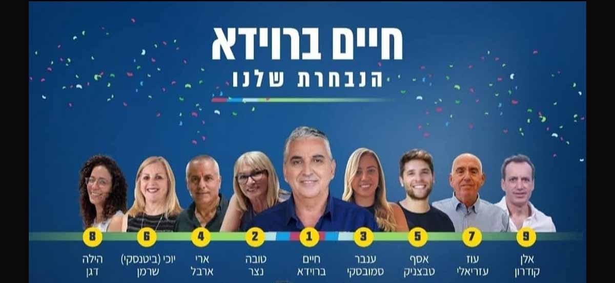 רשימת ברוידא בבחירות המוניציפליות 2024. תמונה של החצי העליון של הפלקט. בכותרת של הפלקט הכיתוב: חיים ברוידא הנבחרת שלנו. מתחת לכותרת תמונות של ברוידא במרכז ו-4 מועמדים בכל צד. אנשי הרשימה מימין לשמאל. שורה ראשונה: מס' 9 אלן קודרון. מס' 7 עוז עזריאלי. מס' 5 אסף טבצניק. מס' 3 ענבר סמובסקי. מס' 1 חיים ברוידא בתמונה גדולה במרכז. מס' 2 טובה נצר. מס' 4 ארי ארבל. מס' 6 יוכי (ביטנסקי) שרמן. מס' 8 הילה דגן.