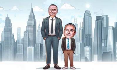 איור של חיים ברוידא וזאב בילסקי. בילסקי גבוה וברוידא נמוך. ברקע מגדלי מגורים.