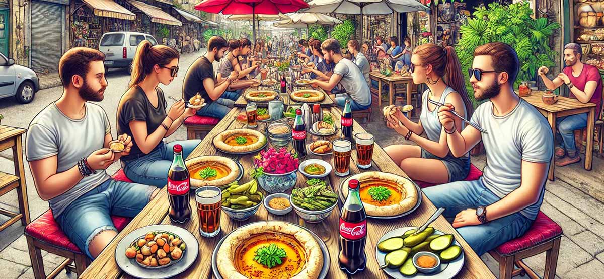 מסעדת חומוס. על המדרכה שולחנות ארוכים עם בחורות ובחורים יושבים ואוכלים. השולחנות עמוסים בקערות חומוס בצלחות עם מלפפונים וירקות, צלוחיות עם גרגירים, ולחמניות. בקבוקי קולה וכוסות בירה. הכביש משמאל חונות שתי מכוניות.