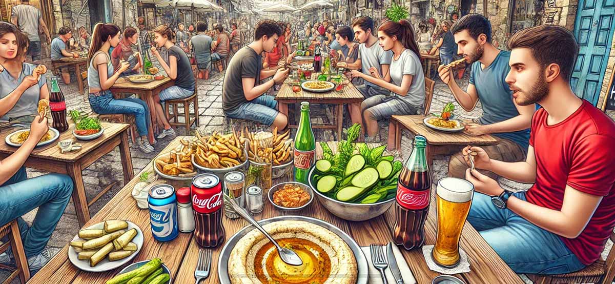 מסעדת חומוס. רחבה גדולה במדרחוב עם שולחנות מרובעים רבים ולידם יושבים זוגות, קבוצות צעירים ובודדים. בחזית שולחן מרובע ומימינו יושב בחור עם חולצה אדומה. השולחן עמוס בקערת חומוס, צלחות עם מלפפונים חתוכים וירק, ירקות, מציות, וסלט. בקבוק קולה, פחית קולה, בקבוק ופחית ספרייט וליד הבחור כוס בירה. סכום בצידי צלחת החומוס.