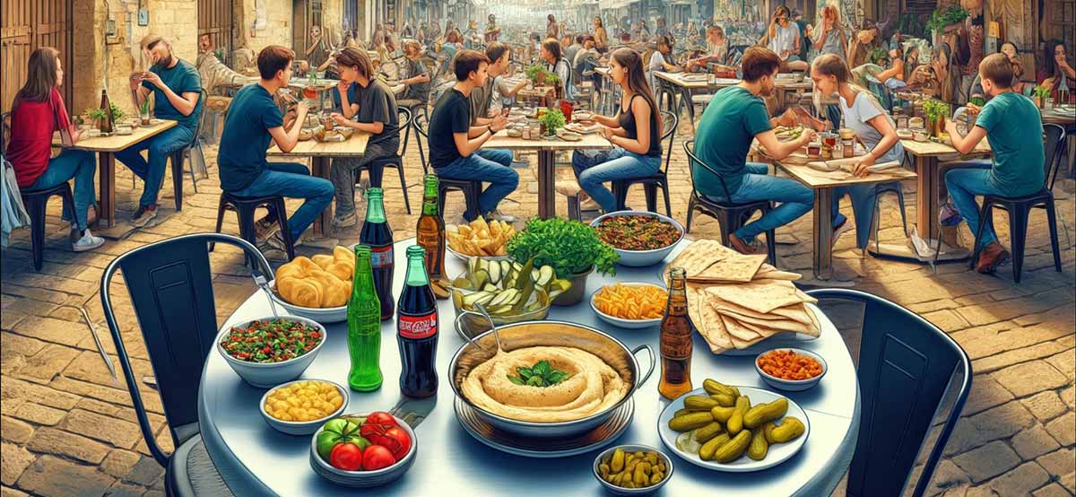 מסעדת חומוס. רחבה גדולה במדרחוב עם שולחנות מרובעים רבים ולידם יושבים זוגות ובודדים. בחזית שולחן עגול עם כסאות בשני הצדדים. השולחן עמוס בקערת חומוס, צלחות עם מלפפונים חמוצים, ירקות, מציות, מלפפונים חתוכים, לחמניות, ירק, וסלט. שני בקבוקי קולה, בקבוק ספרייט ושני בקבוקי בירה.