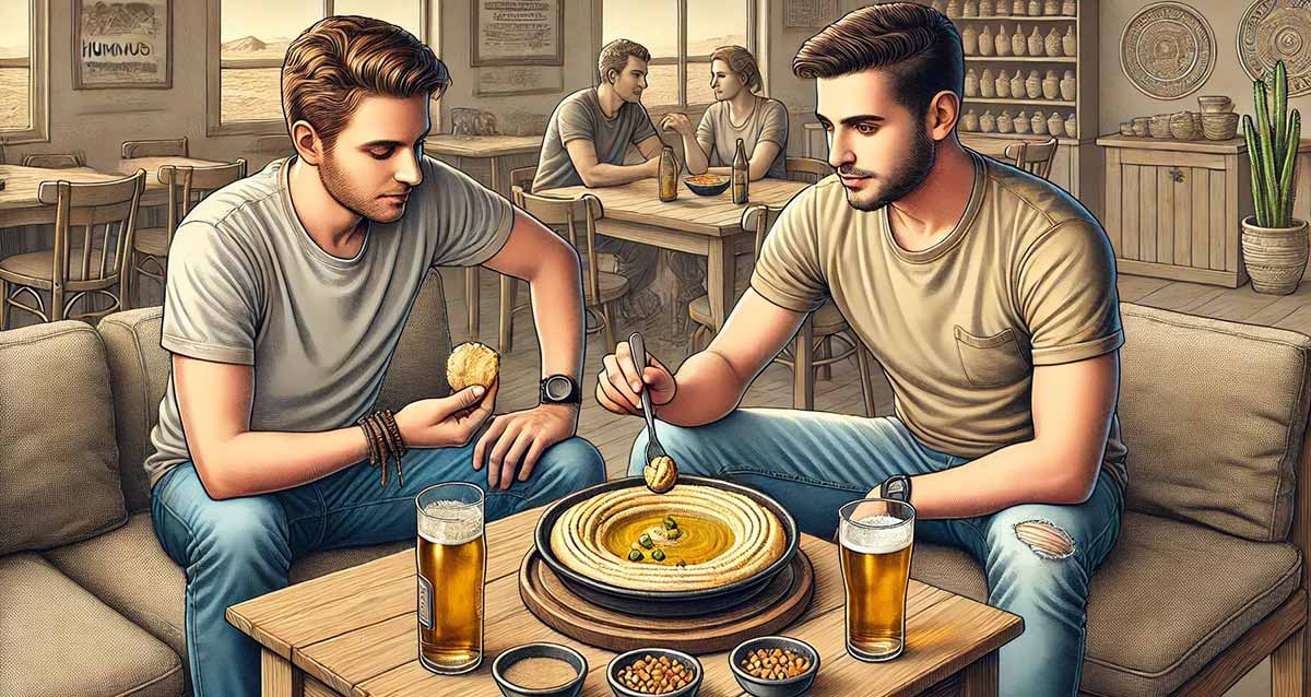 מסעדת חומוס. שני בחורים יושבים ליד שולחן עם קערת חומוס עגולה, שתי כוסות בירה ושלוש צלוחיות עם גרגירים ורוטב. ברקע שולחן עם בחור ובחורה יושבים ועל השולחן שני בקבוקים וצלוחית. מסביב קירות המסעדה עם תמונות, ארונית עם כדים ועציץ.