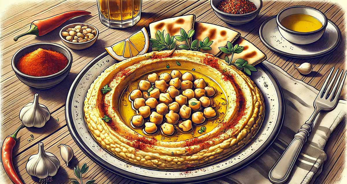 מסעדת חומוס. שולחן עם צלחת חומוס עגולה. במרכז הצלחת גרגירי חומוס. מסביב לצלחת שום, פלפל אדום, צלוחית עם גרגירים לבנים, צלוחית עם גרגירים אדומים וצלוחית רוטב צהוב. כוס עם בירה ובצד ימין מפית עם מזלג.