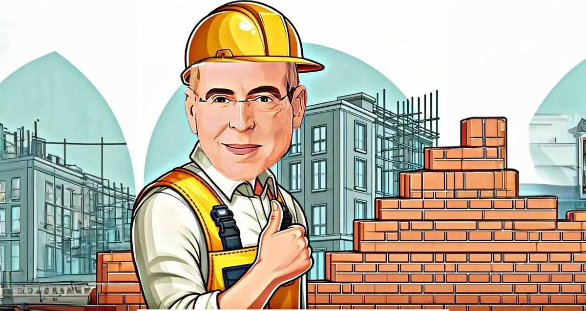 איור של איציק רוכברגר בתלבושת של פועל בניין. מימינו קיר לבנים בבנייה ומאחורי הקיר פיגומים ובניין של 4 קומות. משמאלו בניין דומה אבל בשלבי בנייה של הקומה השלישית.