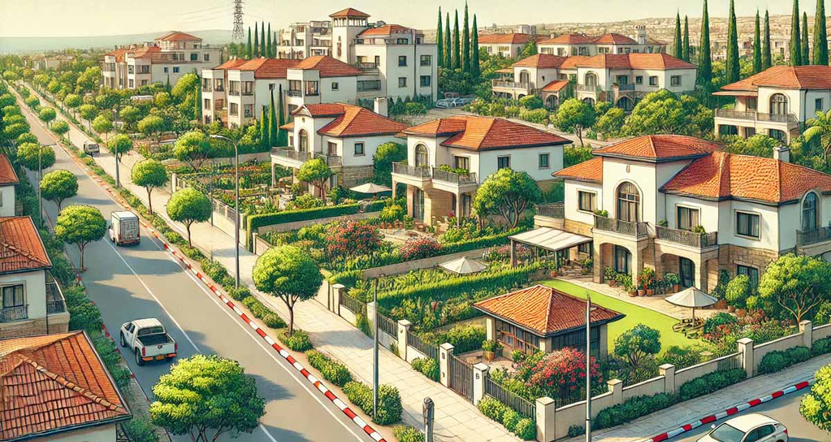 הדמיה של שכונת מגדיאל בהוד השרון. כביש עם שדרות של עצים בשני צידי הרחוב. בתים פרטיים של שתיים ושלוש קומות, עם גינות בחזיתות הבתים. גגות רעפים אדומים בכל הבתים.