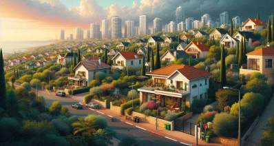 הדמיה של שכונת מגדיאל בהוד השרון. כביש עם שדרות של עצים בשני צידי הרחוב. בתים פרטיים של שתיים ושלוש קומות, עם גינות בחזיתות הבתים. גגות רעפים אדומים בכל הבתים. ברקע מגדלי מגורים רבים ועננים בשמיים.