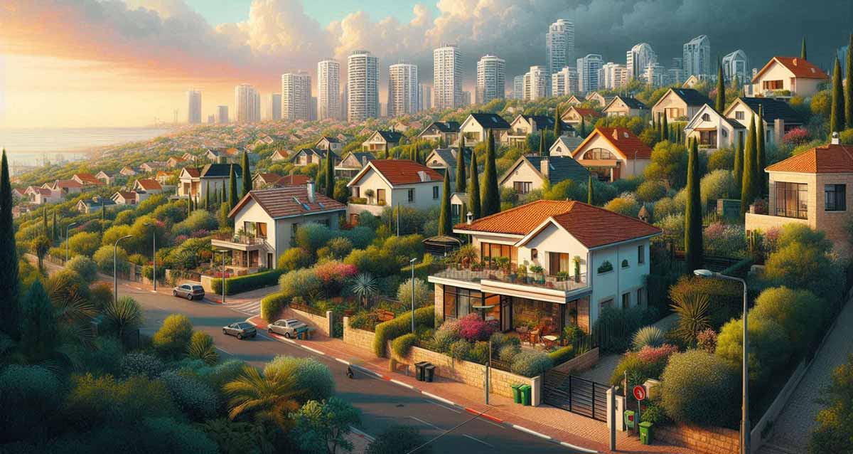 הדמיה של שכונת מגדיאל בהוד השרון. כביש עם שדרות של עצים בשני צידי הרחוב. בתים פרטיים של שתיים ושלוש קומות, עם גינות בחזיתות הבתים. גגות רעפים אדומים בכל הבתים. ברקע מגדלי מגורים רבים ועננים בשמיים.