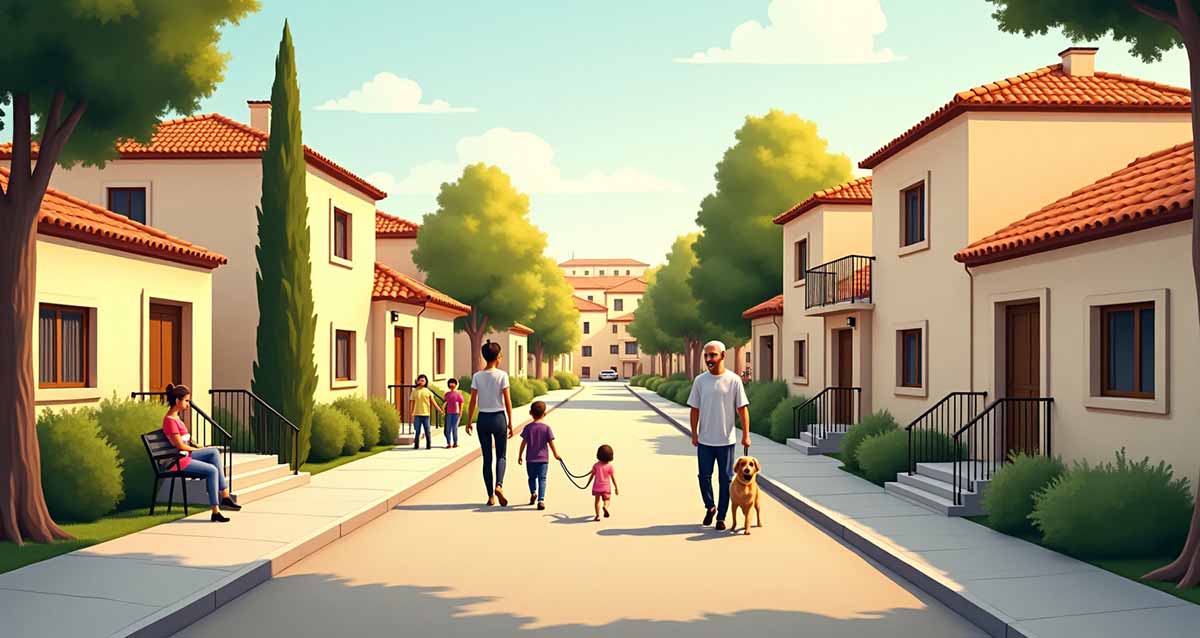 איור בינה מלאכותית של שכונה במרכז-דרום ברעננה. רחוב בשכונה עם בתים פרטיים בני קומה אחת או שתיים עם גגות רעפים אדומים. בחזית הבתים מדרכות ושיחים בין המדרכות לבתים. במדרכה משמאל יושבת בחורה על ספסל, ושני ילדים הולכים מולה. על הרחוב צועד אדם אלינו עם כלב, ואדם שני צועד בכיוון הפוך עם שני ילדים.