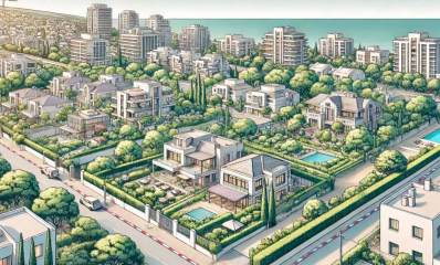 איור בינה מלאכותית של שכונה במרכז-דרום ברעננה. שכונה של בתים פרטיים של שתי קומות עם גגות רעפים, וגינות וגם בריכות במגרשים. עצים בחצרות הבתים. כבישים מקיפום את השכונה. ברקע בתים גבוהים של העיר.