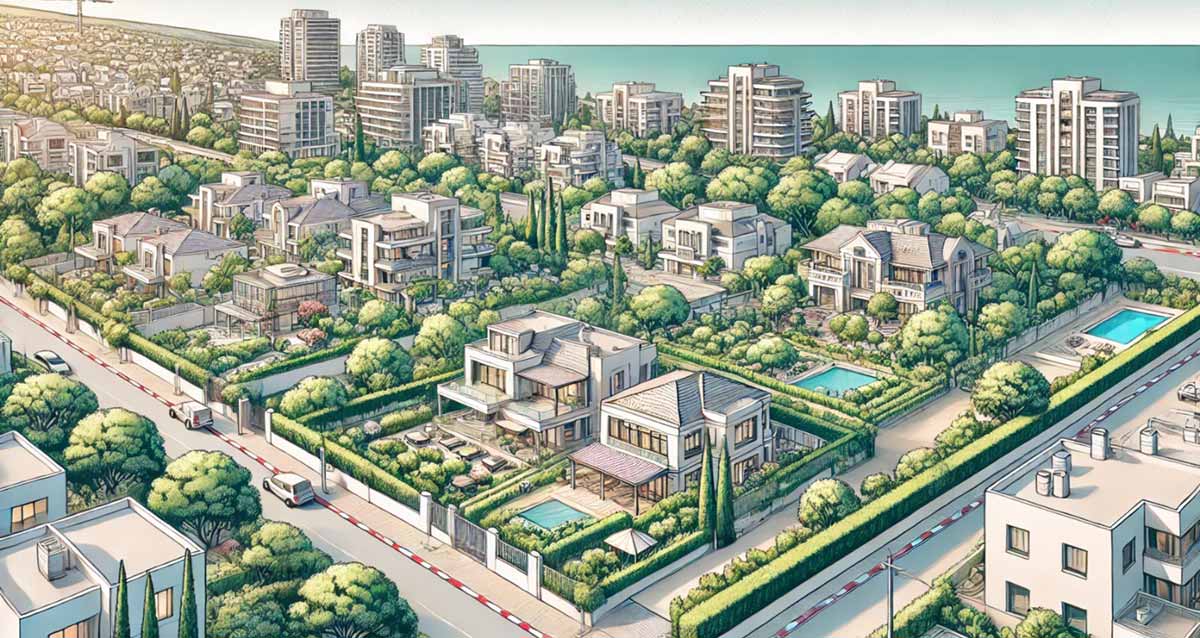 איור בינה מלאכותית של שכונה במרכז-דרום ברעננה. שכונה של בתים פרטיים של שתי קומות עם גגות רעפים, וגינות וגם בריכות במגרשים. עצים בחצרות הבתים. כבישים מקיפום את השכונה. ברקע בתים גבוהים של העיר.