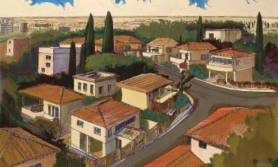 איור בינה מלאכותית של שכונה במרכז-דרום ברעננה. שכונה של בתים פרטיים של שתי קומות עם גגות רעפים חומים. ברושים ועצים בין הבתים. בצד ימין הצטלבות של שני רחובות. ברקע בתי העיר.