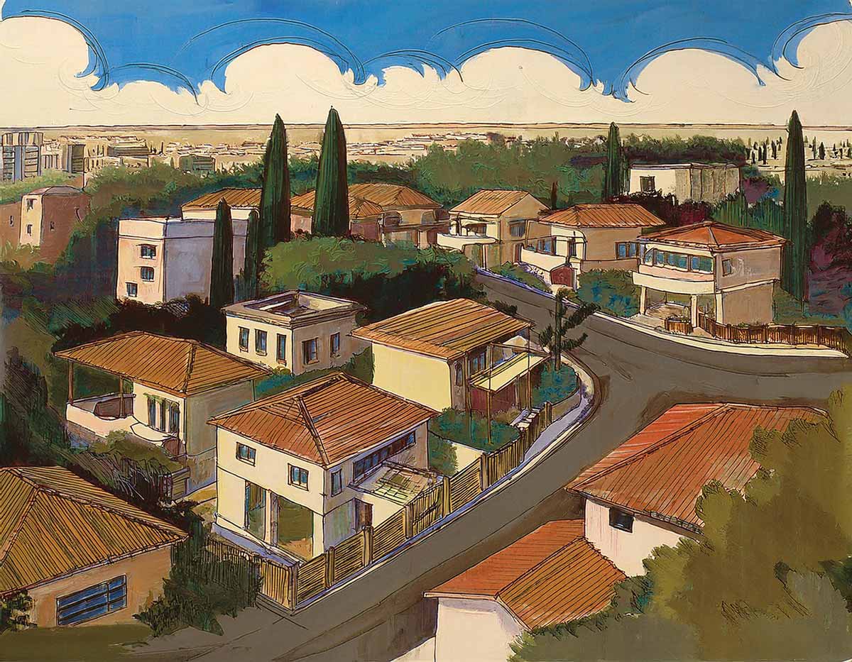 איור בינה מלאכותית של שכונה במרכז-דרום ברעננה. שכונה של בתים פרטיים של שתי קומות עם גגות רעפים חומים. ברושים ועצים בין הבתים. בצד ימין הצטלבות של שני רחובות. ברקע בתי העיר.