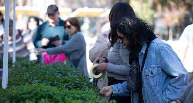 אירועי ט"ו בשבט 2025 ברעננה. אנשים עומדים ליד דוכן עם צמחים.