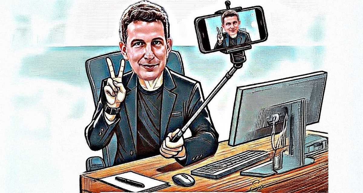 יריב פישר. איור בינה מלאכותית: באיור יריב פישר מחזיק מוט סלפי ועליו מצלמה. יריב יושב ליד שולחן עבודה עם מסך מחשב ומקלדת ומסמן את האות ויי בידו הפנויה