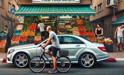 עיבוד בינה מלאכותית איור של רוכב אופניים נוסע על כביש במדרכה אנשים. ברקע ירקניה