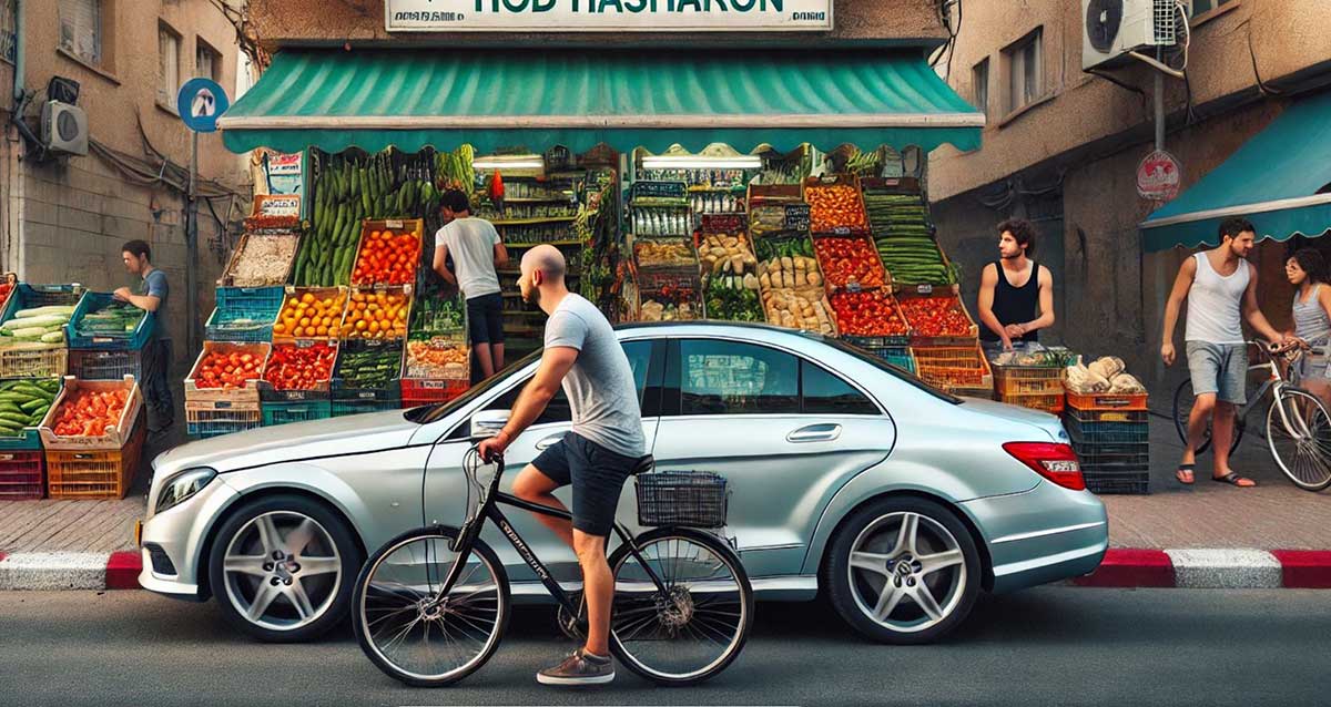 עיבוד בינה מלאכותית איור של רוכב אופניים נוסע על כביש במדרכה אנשים. ברקע ירקניה