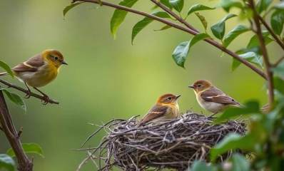 הדמיה של עונת הקינון. שתי ציפורים בקן וציפור שלישית בענף ממול.