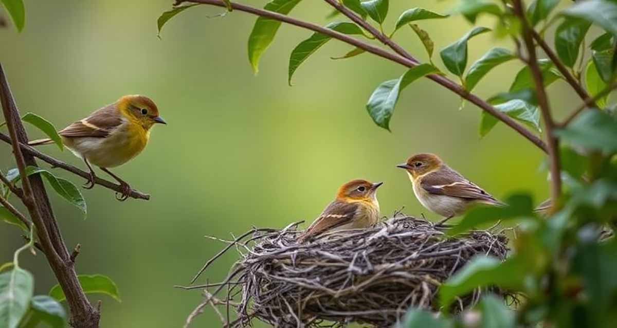 הדמיה של עונת הקינון. שתי ציפורים בקן וציפור שלישית בענף ממול.