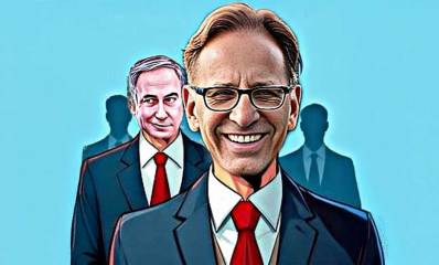 איור של צחי ברוורמן ראש הסגל של ראש הממשלה, ומאחוריו בנימין נתניהו.