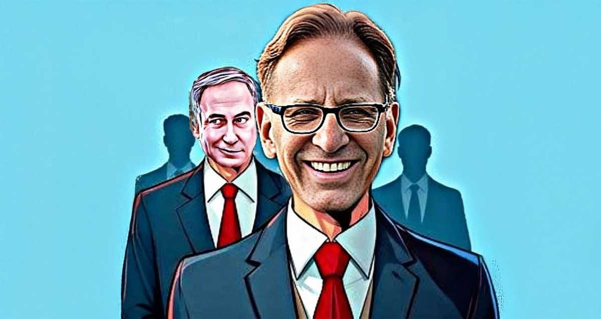 איור של צחי ברוורמן ראש הסגל של ראש הממשלה, ומאחוריו בנימין נתניהו.