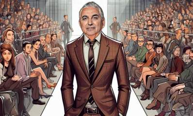 איור של חיים ברוידא, דוגמן בחליפה. בשני הצדדים קהל יושב בתצוגת האופנה.