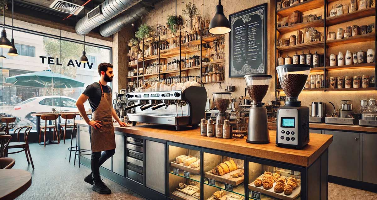 בית קפה בלב הפועם של העיר בשם באנגלית: TEL AVIV. מלצר עומד לפני מכונת הקפה הנמצאת על אי עם עוגות בחלק התחתון. על האי שתי מכונות לטחינת קפה. מאחורי האי לאורך הקיר מדפים עם בקבוקים וקופסאות.