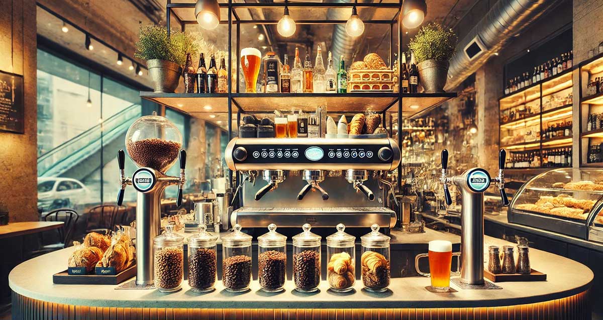 בית קפה בלב הפועם של העיר. בחזית התמונה במרכז בית הקפה נמצא בר עם מכונת קפה. על הבר צנצנות עם פולי קפה. בצד ימין לאורך הקיר ארוניות עם עוגות ובקבוקים. מעל הבר משטח הנשען על עמודים שחורים ועל המשטח בקבוקים.