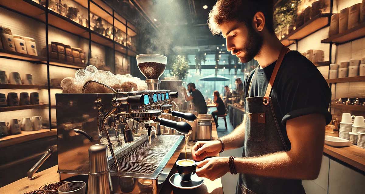 בית קפה בלב הפועם של העיר. מלצר עומד לפני מכונת הקפה הנמצאת על משטח ארוך. לאורך הקיר הימני והשמאלי מדפים עם כוסות, בקבוקים וקופסאות. ברקע מאחורי מכונת הקפה אנשים יושבים ליד בר.