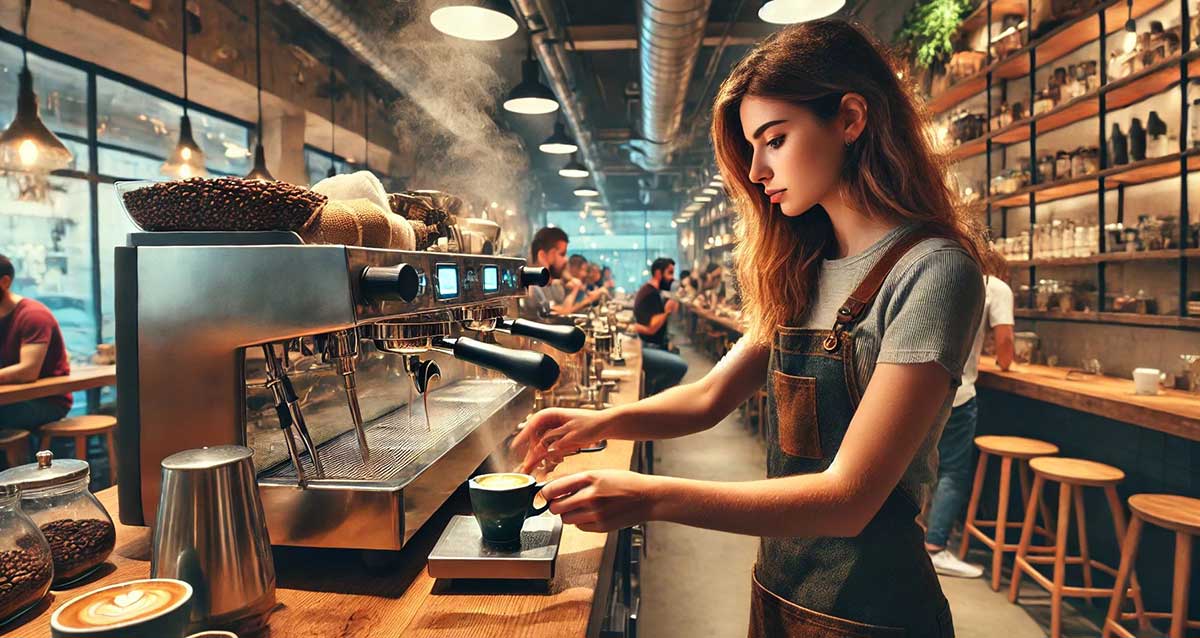 בית קפה בלב הפועם של העיר. מלצרית עומדת לפני מכונת הקפה הנמצאת על משטח ארוך. לאורך הקיר הימני מדפים עם כוסות, בקבוקים וקופסאות. ברקע מאחורי מכונת הקפה אנשים יושבים ליד בר. בצד שמאל יושב אדם ליד בר.