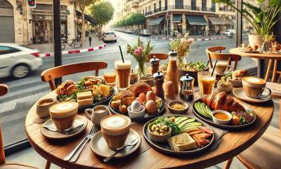 ארוחת קפה ומאפה. שולחן עגול וכסאות ליד חלון הזכוכית של בית הקפה. על השולחן, כוסות קפה, עוגיות, כריכים, ביצים רכות, ותבלינים. מעבר לזכוכית נראה רחוב עם הסתעפות בצורת האות T ומכוניות. בתים עם חנויות בקומת הקרקע.