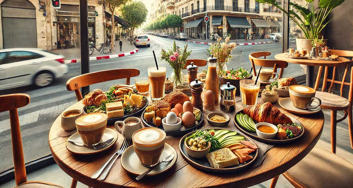 ארוחת קפה ומאפה. שולחן עגול וכסאות ליד חלון הזכוכית של בית הקפה. על השולחן, כוסות קפה, עוגיות, כריכים, ביצים רכות, ותבלינים. מעבר לזכוכית נראה רחוב עם הסתעפות בצורת האות T ומכוניות. בתים עם חנויות בקומת הקרקע.