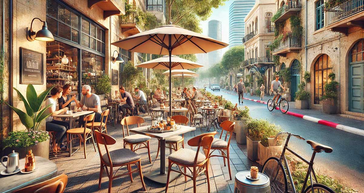 ארוחת קפה ומאפה בבית קפה על מדרכה עם שולחנות, כסאות ושמשיות. בצד שמאל יושבים שלושה ליד שולחן. לאורך שפת המדרכה עציצים עם צמחים. בצד ימין של הרחוב בניינים של שלוש קומות, וחנויות בקומת הקרקע.