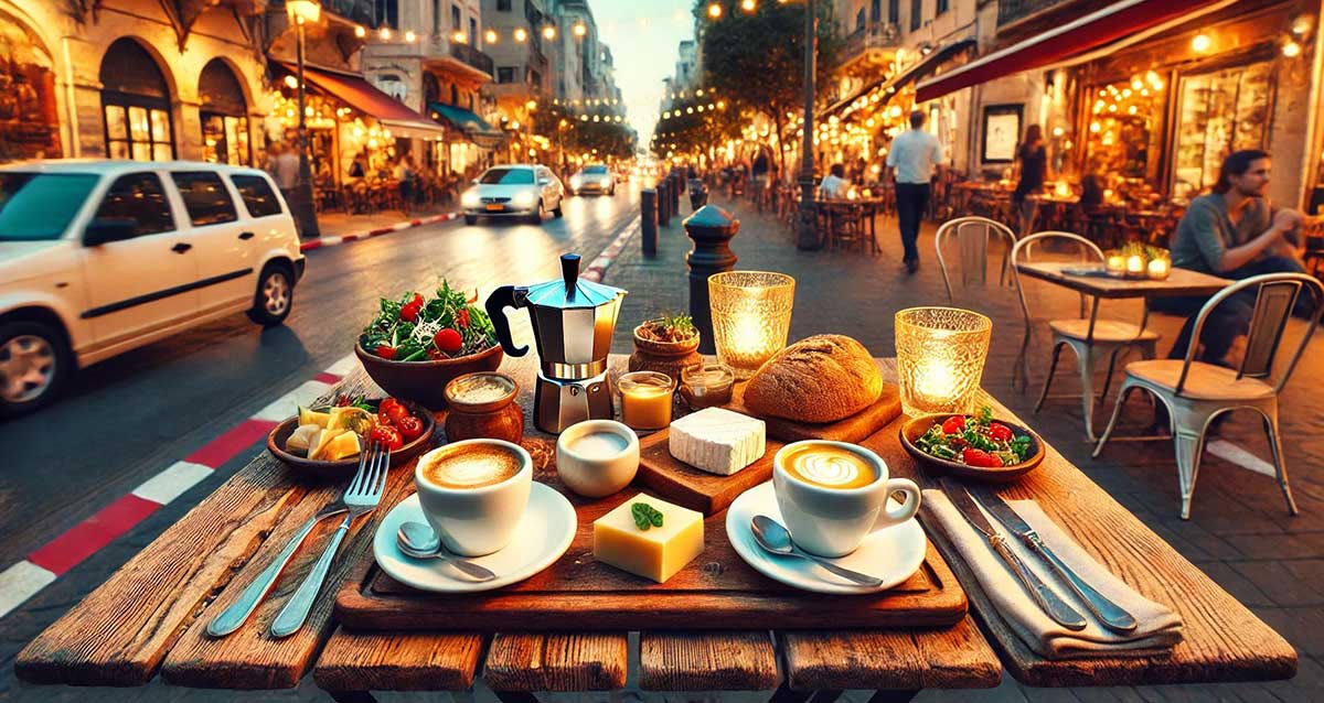 ארוחת קפה ומאפה בבית קפה על מדרכה עם שולחנות, כסאות ושמשיות. בצד ימין יושב אורח ליד שולחן. בחזית התמונה שולחן מרובע עם כוסות קפה, לחמניה, גבינות, קערה עם תות, וקנקן קפה. בצד ימין של הרחוב חנויות מוארות. בצד שמאל של הרחוב חנויות מוארות. מכוניות בכביש.
