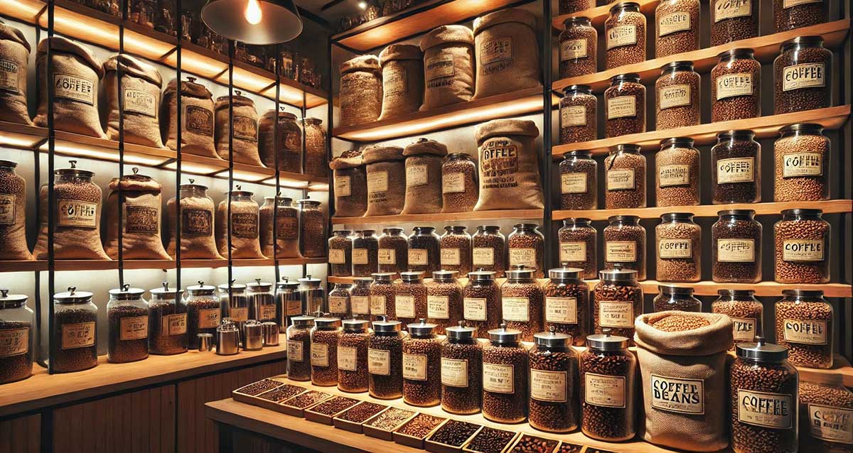 פולי קפה. חנות עם צנצנות ושקיות של פולי קפה על מדפים לאורך הקירות.