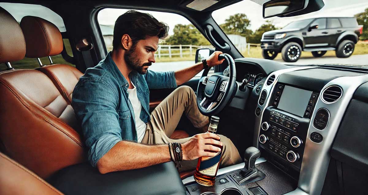 נהיגה בשכרות. נהג יושב ליד ההגה, יד שמאל על ההגה וביד ימין בקבוק אלכוהול.